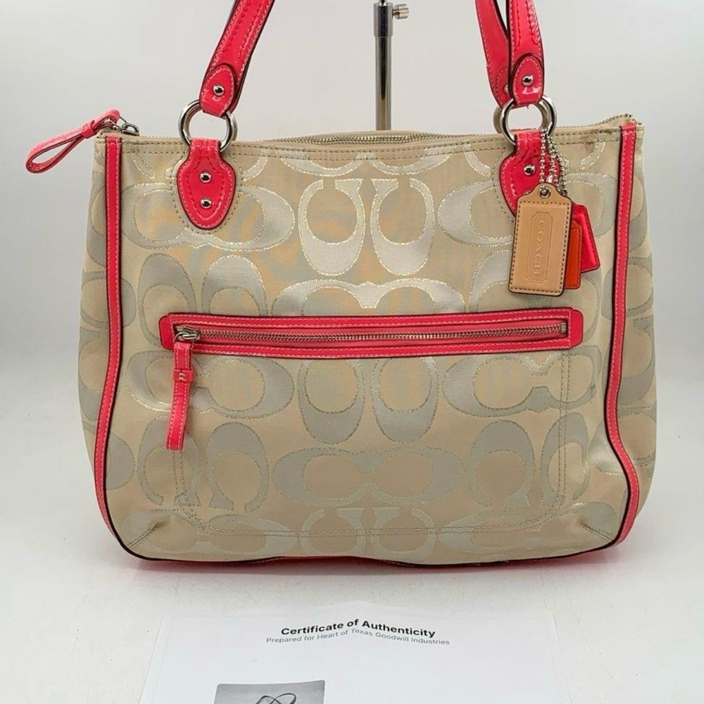 Coach Tan Signature jacquard Shoulder Bag with Coral Patent Leather